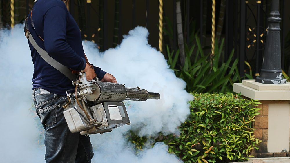 homem dedetiza área em que pode haver o mosquito da dengue. vja o quadro geral da dengue