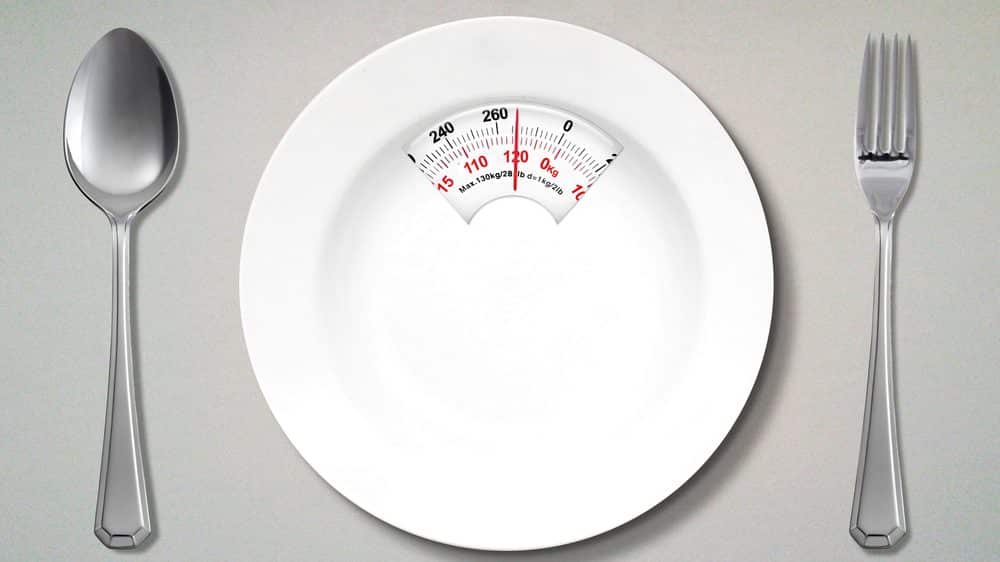 prato vazio, com marcador de peso, ladeado por garfo e faca. veja histórico da obesidade