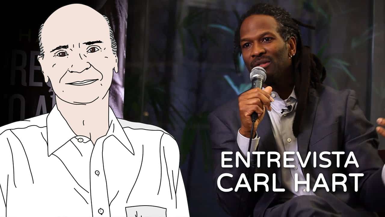 Thumbnail com ilustração do dr. Drauzio e ao fundo o neurocientista Carl Hart durante entrevista.