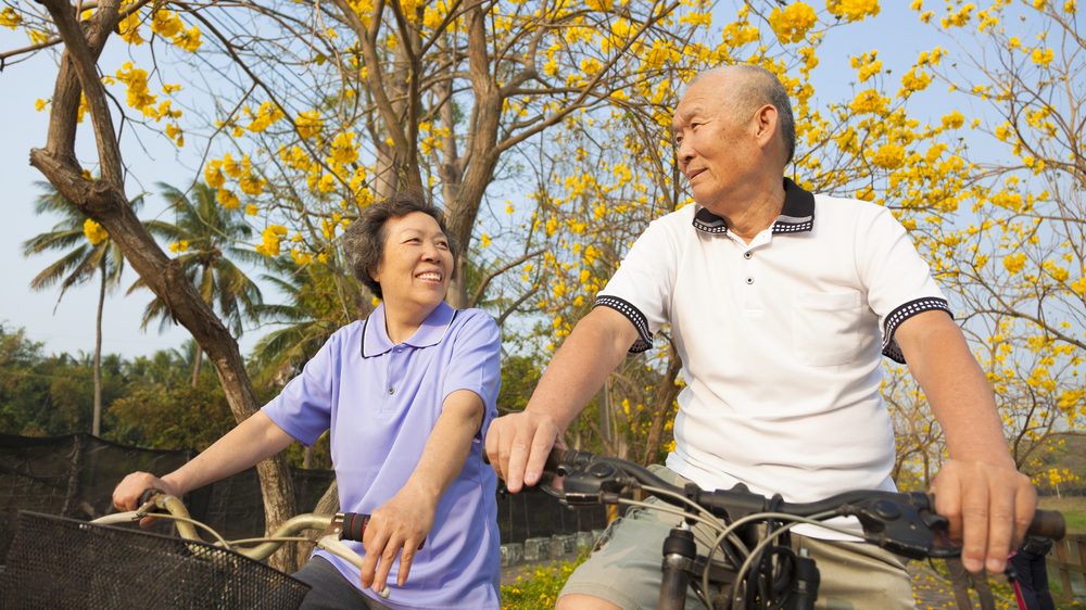 Prevenção das demências | Artigo casal de idosos anda de bicicleta em parque. Prevenção das demências inclui exercício fisico