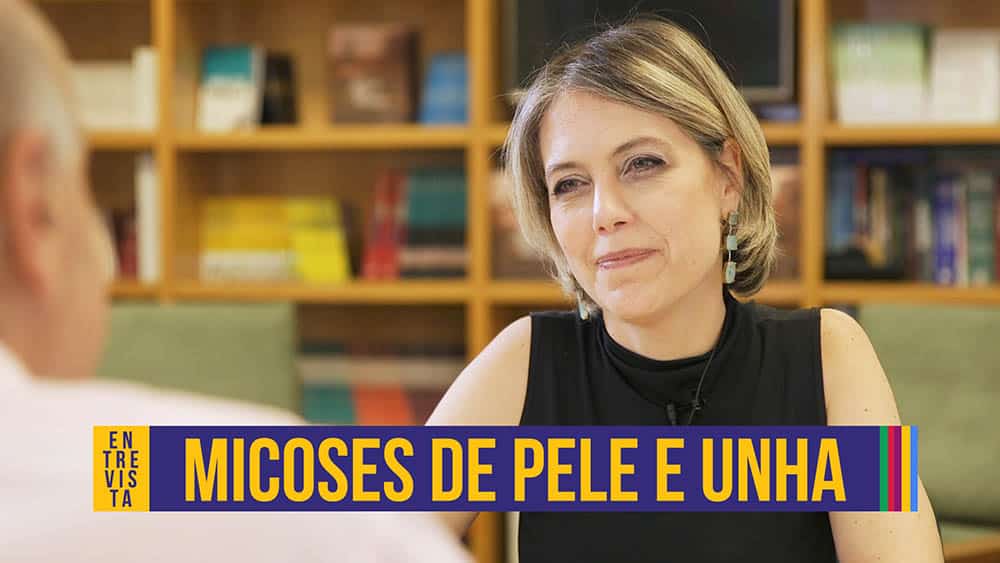 Thumbnail com a dermatologista Sylvia Ypiranga e o texto "micoses de pele e unha".