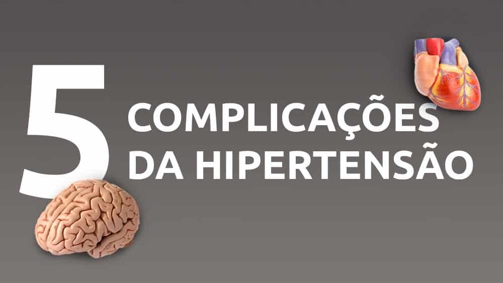 Fundo cinza com texto em branco "5 complicações da hipertensão, com ilustrações de um cérebro e um coração.