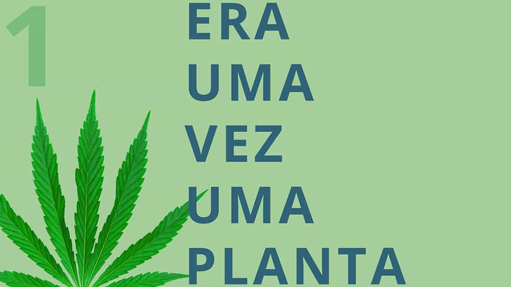 Fundo verde com uma folha de maconha e texto "era uma vez uma planta".