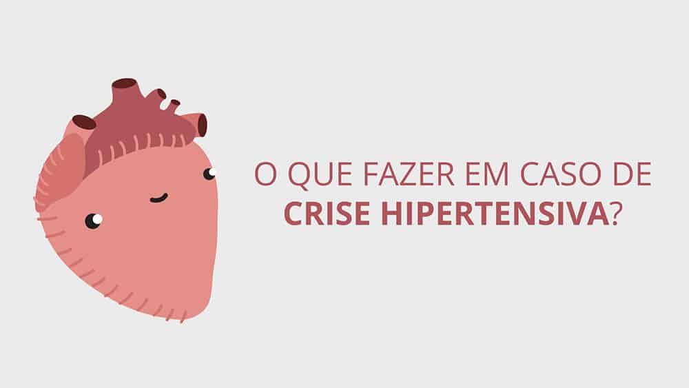 Ilustração de um coração com olhos e boca e o texto "o que fazer em caso de crise hipertensiva?".
