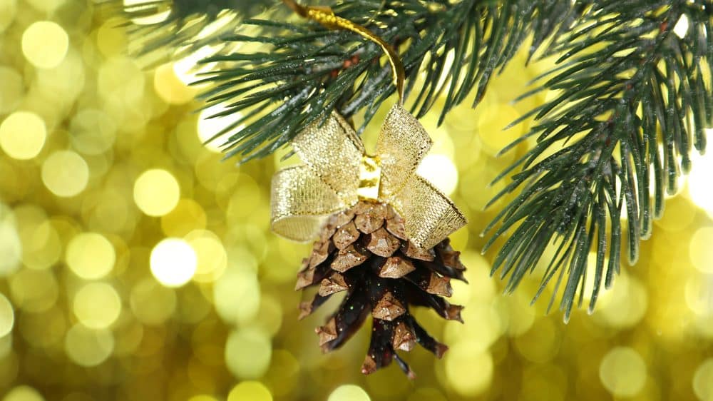 foco em pinha pendurada em árvore de natal. Ano novo marca o fim da temporada de festas